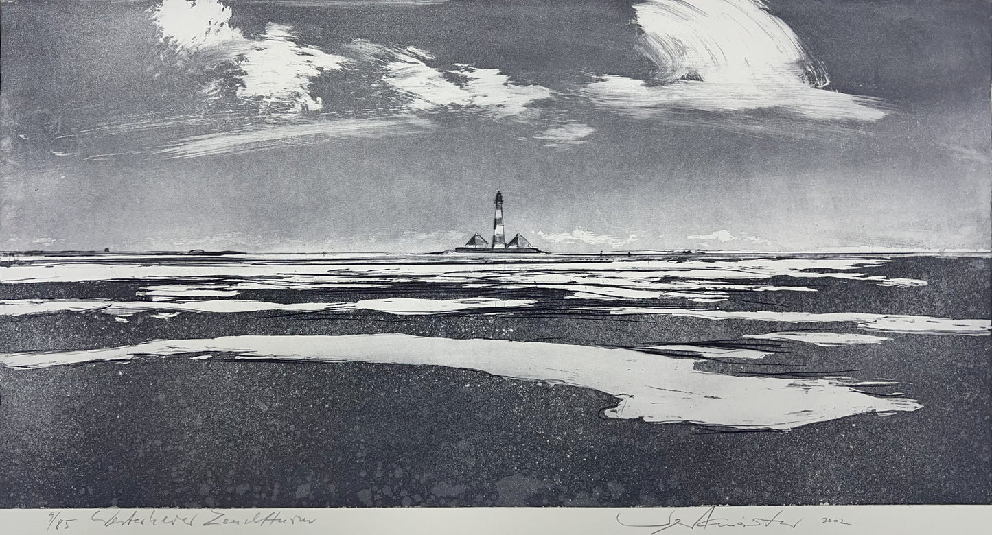 Werkmeister, Wolfgang, Westerhever Leuchtturm, 30 x 60cm, 9/85, Westküstenzyklus II, Radierung, 2002
