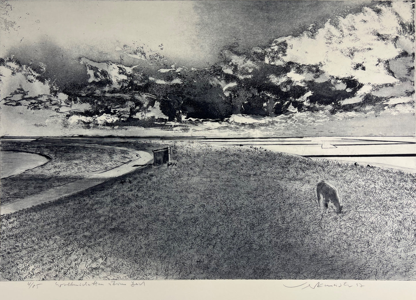 Werkmeister, Wolfgang, Wolkenschatten überm Deich, 60 x 78cm, 4/85, Radierung, 1997