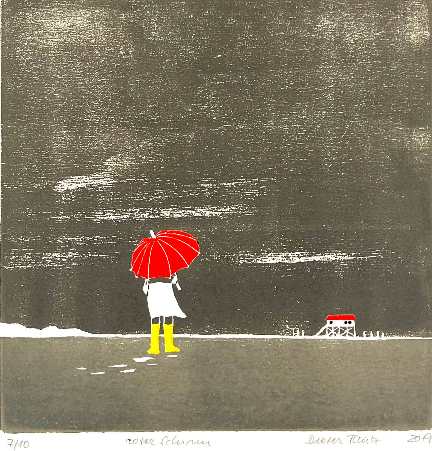 Tautz, Dieter, Roter Schirm, 30 x 30cm, 7/10, Farbholzschnitt, 2019