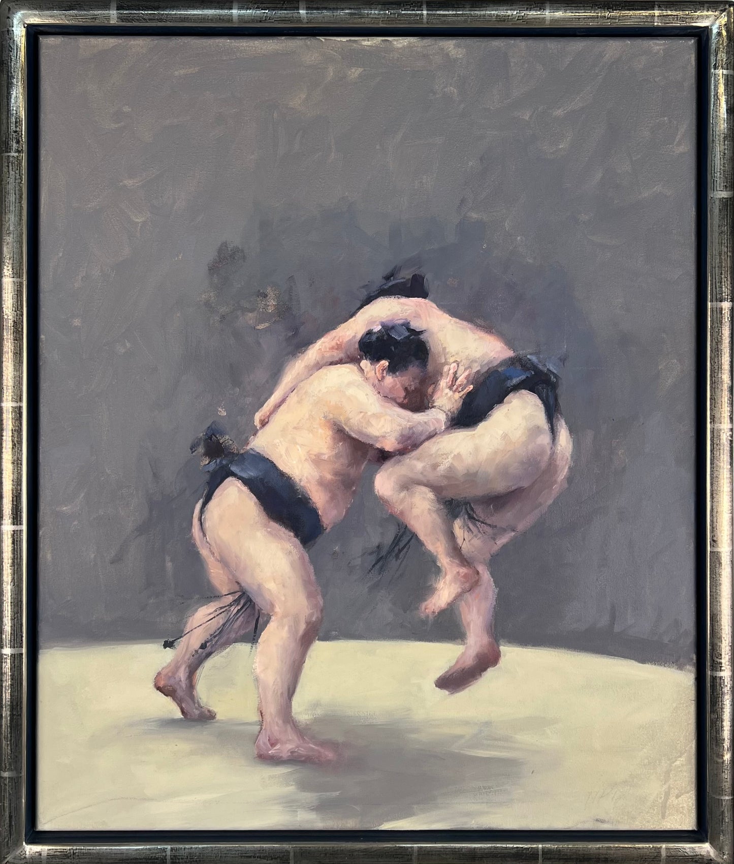 Petermann, Hanna, Zwei Sumotori im Kampf, 60 x 50cm, Öl auf Leinwand, 2018