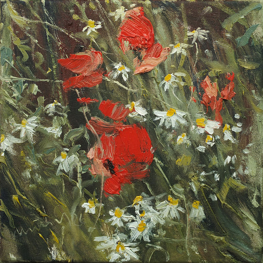 Meinel, Mathias, Mohn und Kamille IV, 25 x 25cm, Öl auf Leinw., 2026