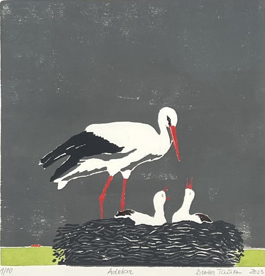 Tautz, Dieter, Adebar, 30 x 30cm, 01/10, Holzschnitt, 2023