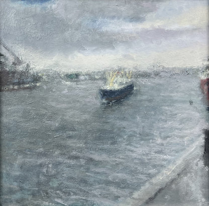 Feyen, Harald, Auslaufendes Schiff, 28 x 27cm, Ölgemälde