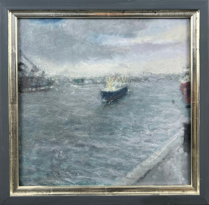 Feyen, Harald, Auslaufendes Schiff, 28 x 27cm, Ölgemälde