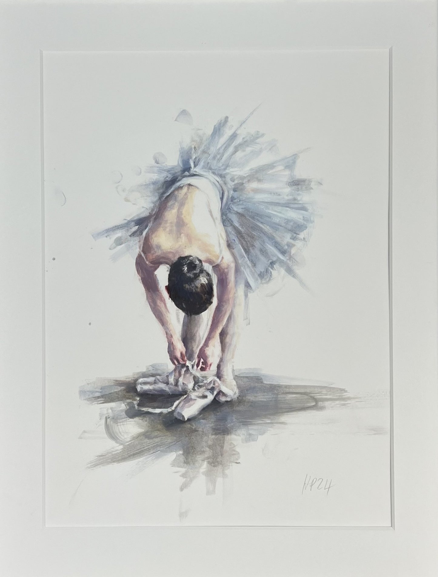 Petermann, Hanna, Ballerina beim Schnüren ihrer Schuhe, Studie farbig, 30 x 26cm, Öl auf Papier, 2024