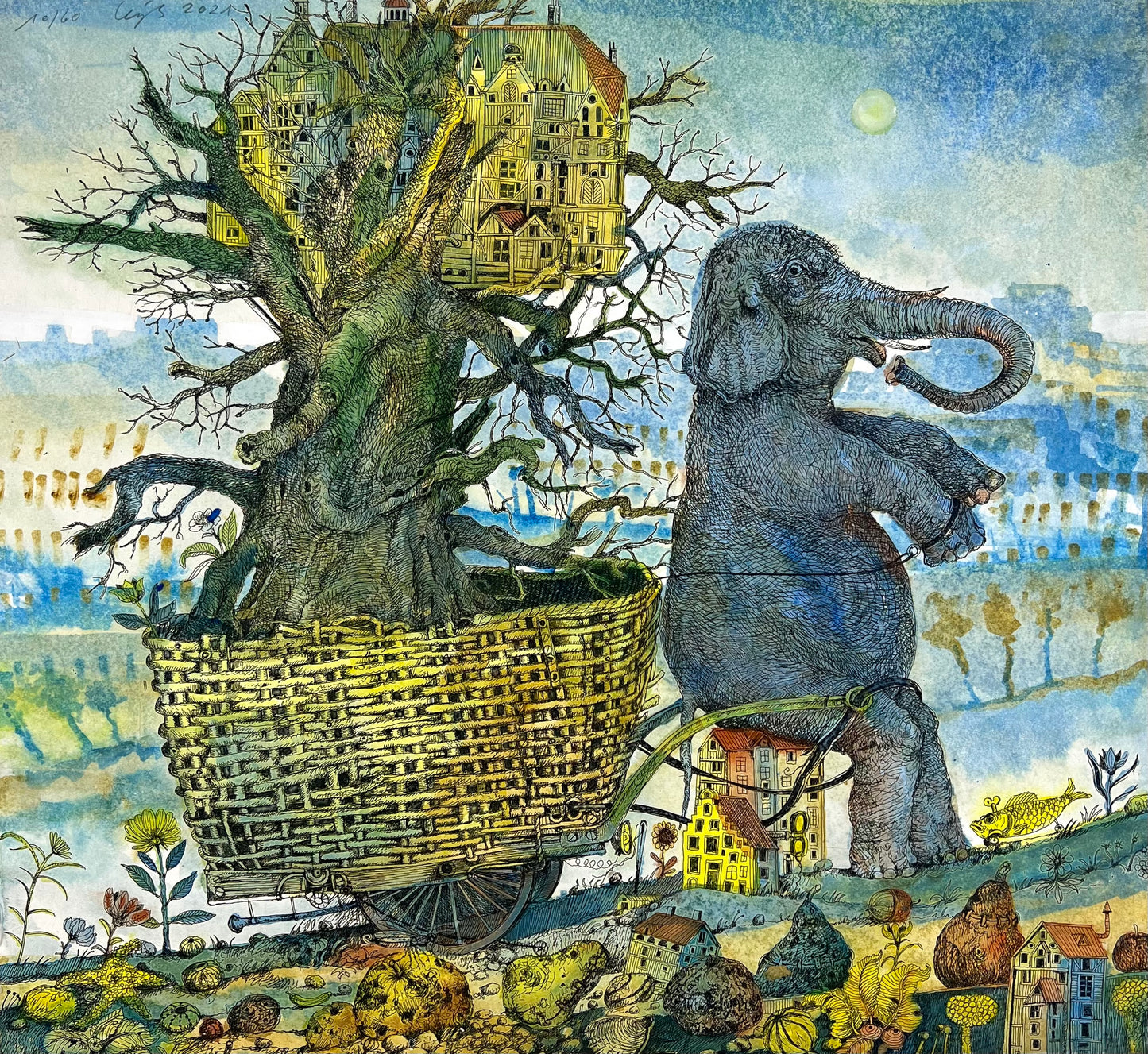 Leiß, Hans Ruprecht, Baumhaus, 38,7 x 42cm, 10/60, Farbstift, Gouache, Litho, 2021