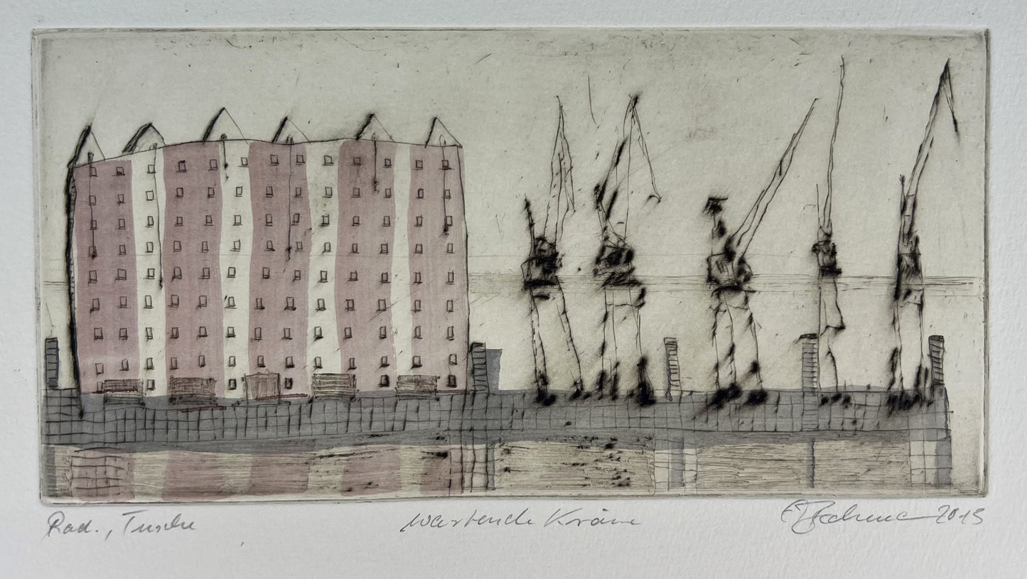 Beckmann, Otto, Wartende Kräne, 10 x 20cm, Radierung