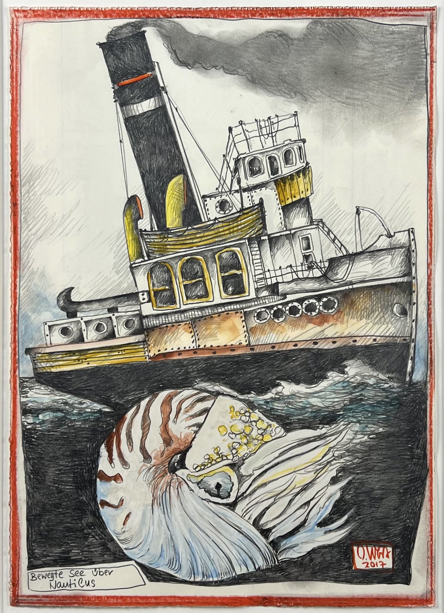 West, Ole, Bewegte See über Nautilus, 29,7 x 21cm, Mischtechnik