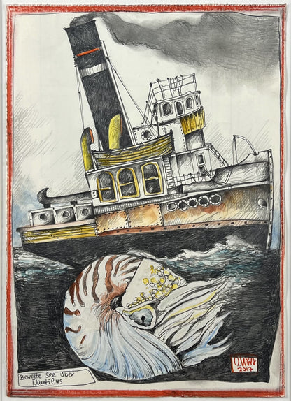 West, Ole, Bewegte See über Nautilus, 29,7 x 21cm, Mischtechnik