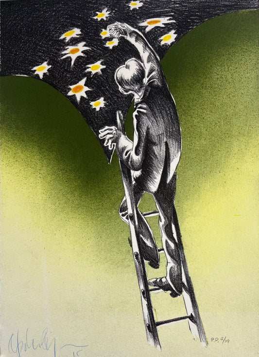 Bigum, Sternwerfer auf Leiter, 33,7 x 25,5cm, Lithografie
