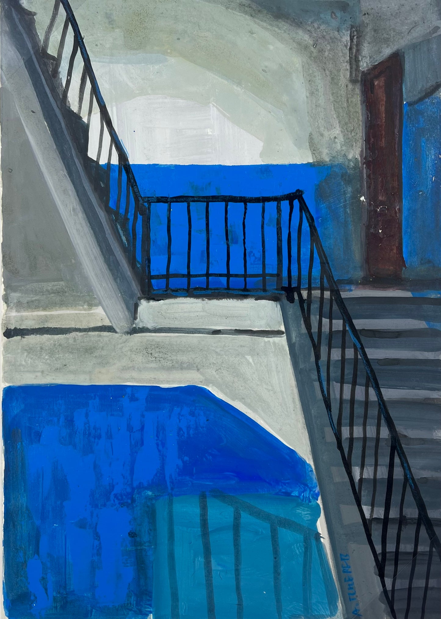 Tchepets, Anja, Blaue Treppe 2, 42 x 30cm, Mischtechnik auf Papier