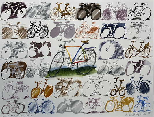 Büschgens, Klaus, Auf der grünen Wiese - Fahrräder, 50 x 60cm, Aquarell