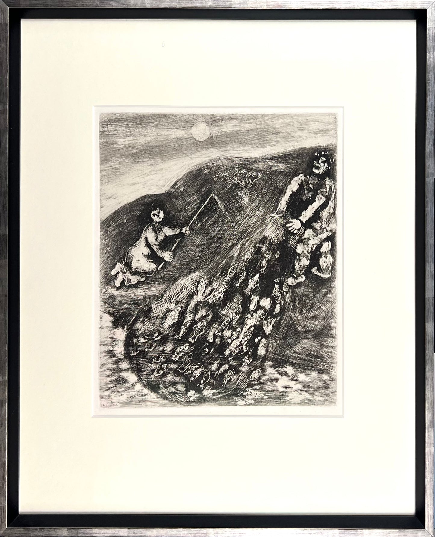 Chagall, Marc, Les poissons et le berger qui joue de la flûte (Die Fische und der flötende Schäfer), 29,5 x 23,5cm, Radierung, 1952