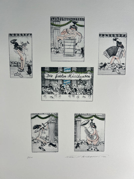 Leutheuser,  Walter W., Die fidelen Musikanten, 30 x 26cm, 3/200, Radierung, 1982