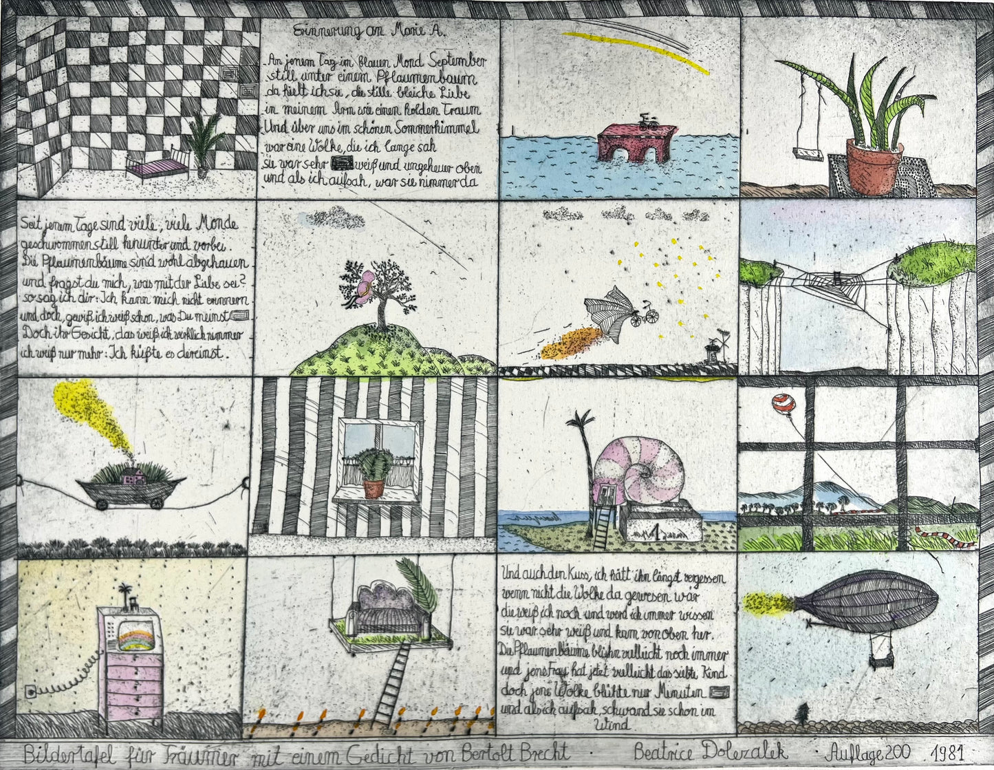 Dolezalek, Beatrice, Bildertafel für Träumer, 1981, 33 x 43cm, Col. Radierung