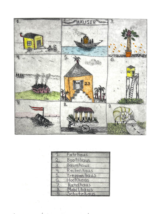 Dolezalek, Beatrice, Häuserkunde, 1980, 22,5 x 16,7cm, Col. Radierung