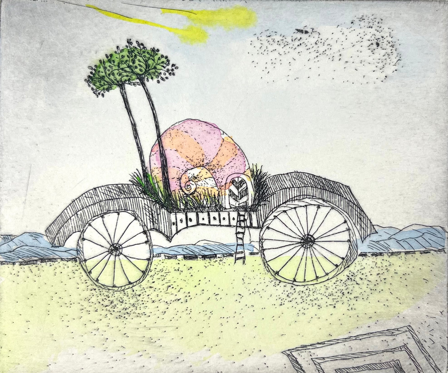 Dolezalek, Beatrice, Wohnmobil, 1980, 10,8 x 10cm/ mit Pp., Col. Radierung