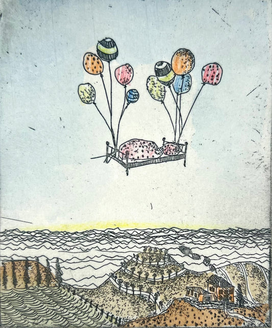 Dolezalek, Beatrice, Sanfte Landung, 1982, 9,5 x 8cm/ mit Pp., Col. Radierung