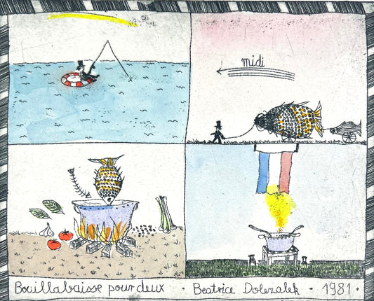 Dolezalek, Beatrice, Das Zweiersüppchen, 1981, 13,7 x 17,2cm, Col. Radierung