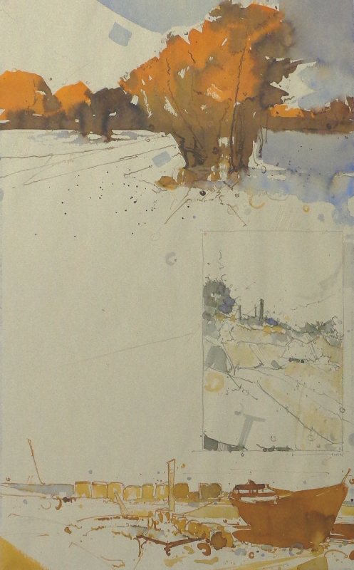 Horn, Robert, Elblandschaft mit Variationen, 57 x 39,5cm, Aquarell