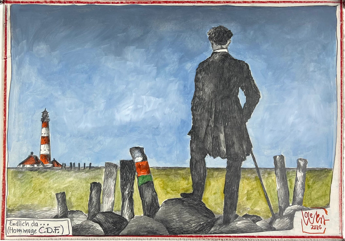 West, Ole, Endlich da/Hommage C.D.F., 21 x 29,7cm, col. Zeichnung, 2026