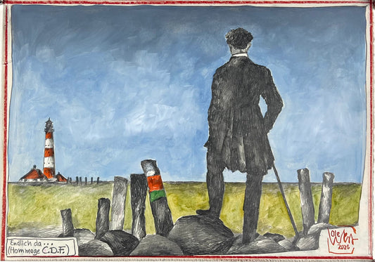 West, Ole, Endlich da/Hommage C.D.F., 21 x 29,7cm, col. Zeichnung, 2026