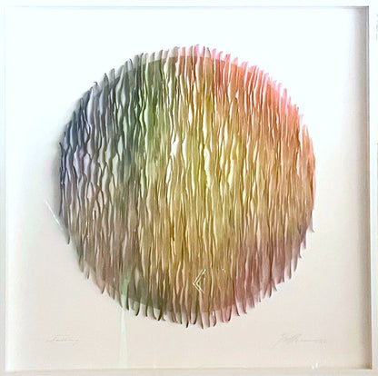 Mierzwa, Gabriele, Fabklang, Blau-Grün-Gelb, 100 x 100cm, Unikat, 3D-Papierobjekt, Objektrahmen mit Museumglas