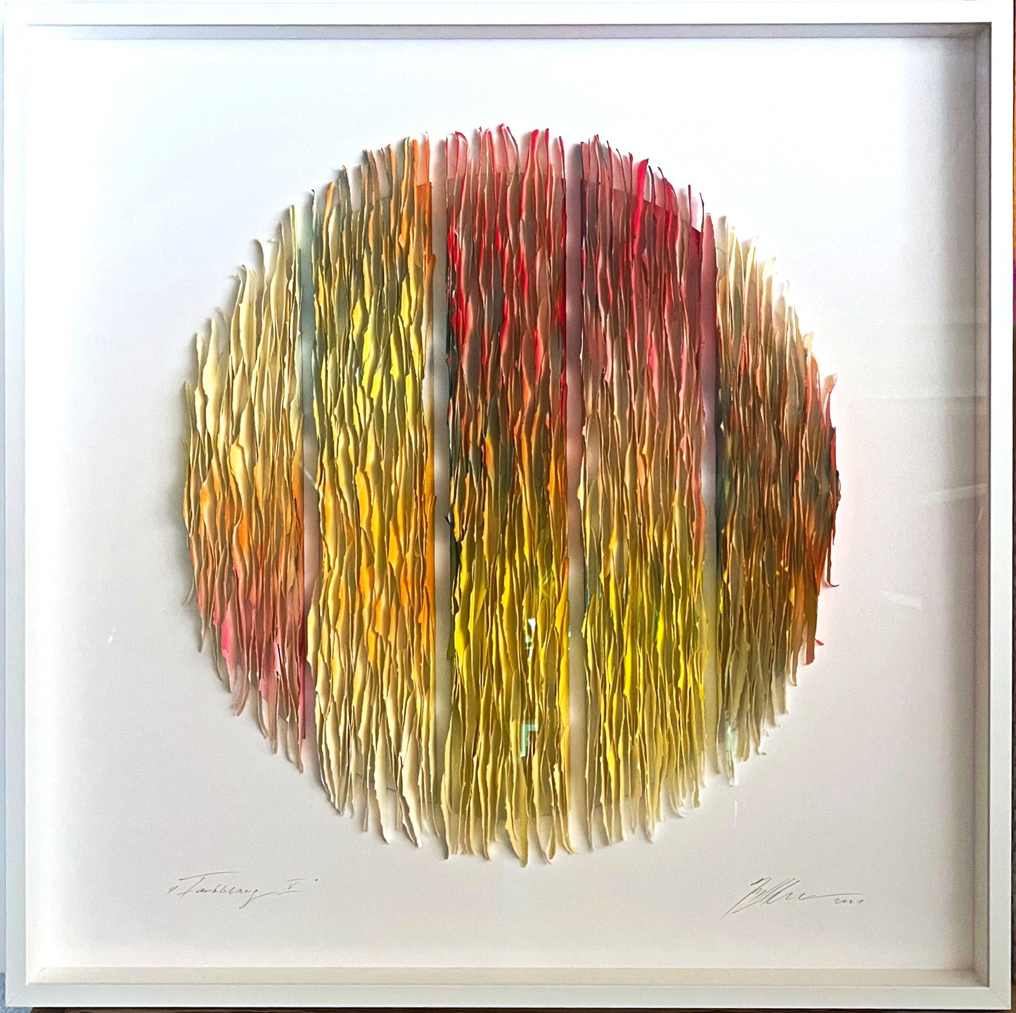Mierzwa, Gabriele, Farbklang V, Gelb-Blau-Rot, 90 x 90cm, Unikat, 3D-Papierobjekt, Objektrahmen mit Museumsglas