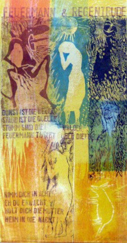 Mott-Dreizler, Gisela, Feuermann und Regentrude, 64,5 x 33cm, Holzschnitt