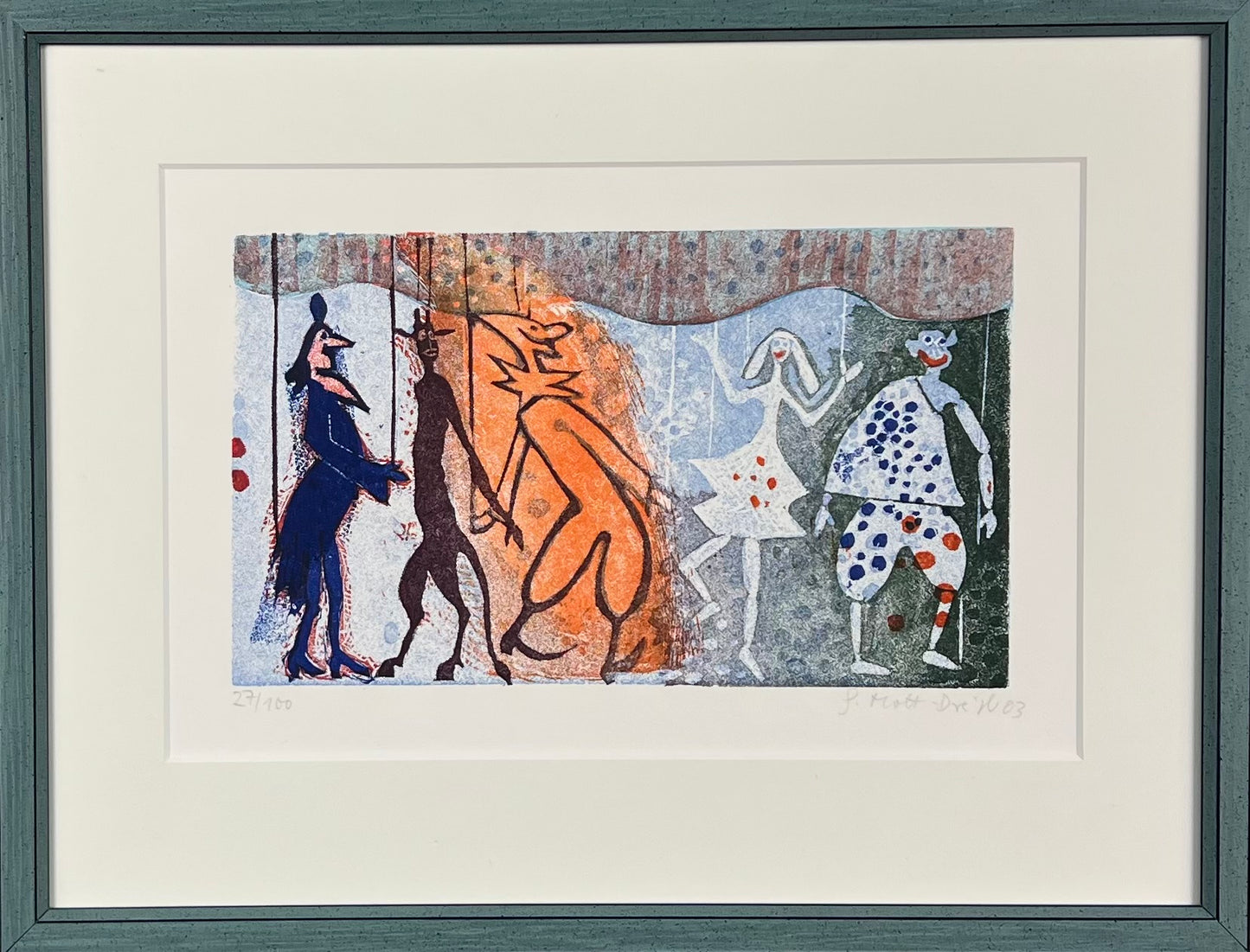 Mott-Dreizler, Gisela, Figurentheater, 17 x 29cm, 27/100, Linoldruck