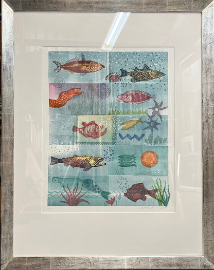 Mott-Dreizler, Gisela, Fische, Mosaik, 58 x 46cm, Holzschnitt