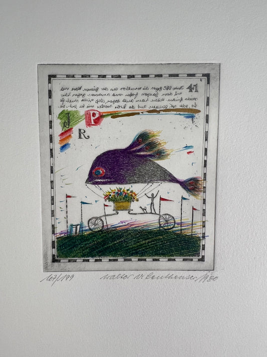 Leutheuser,  Walter W., Fliegender Fisch, 12 x 10cm, 107/199, Radierung, 1980