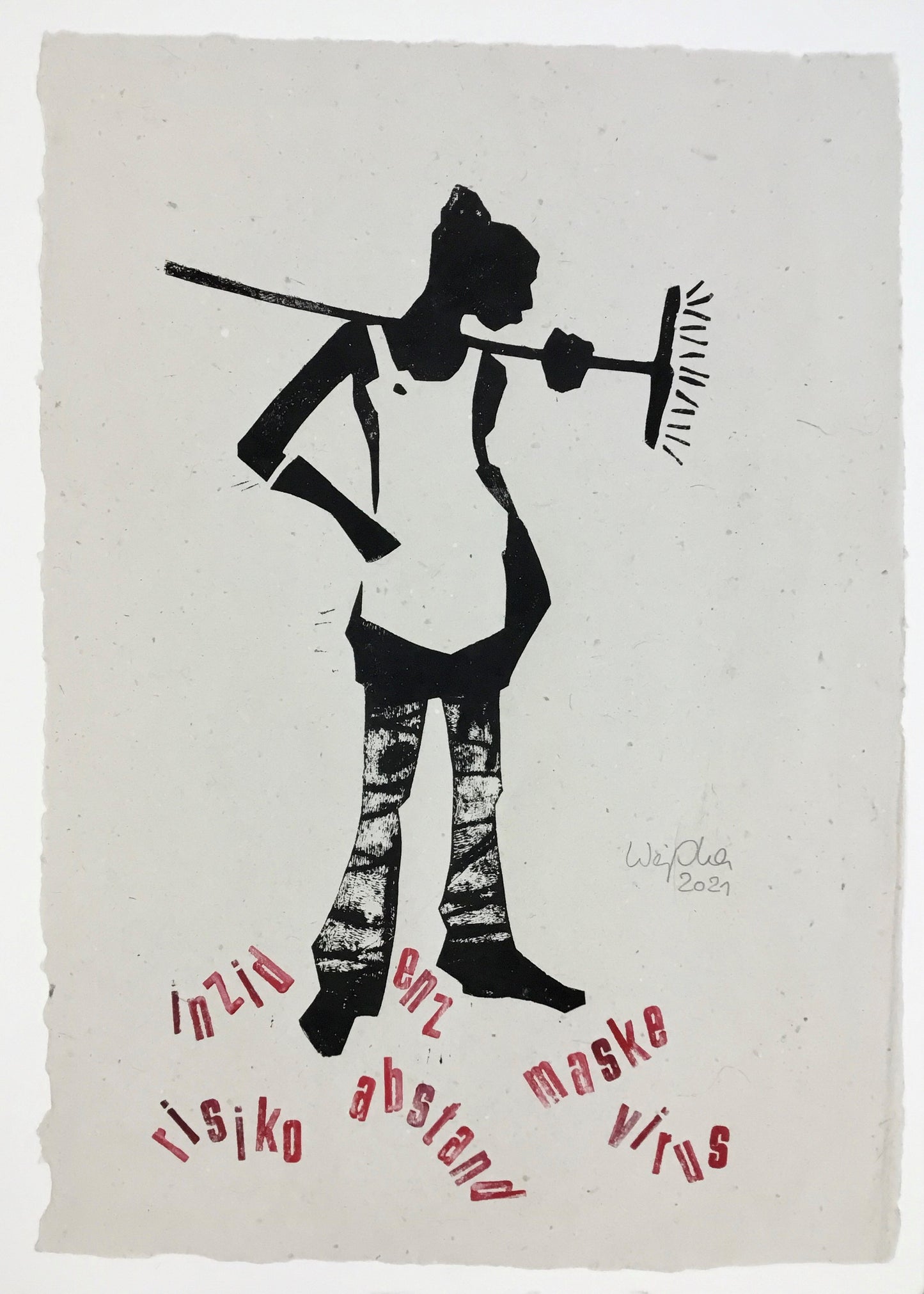 Weiss, Karina, Frau mit Besen, 70 x 50cm, Unikat, Holzschnitt