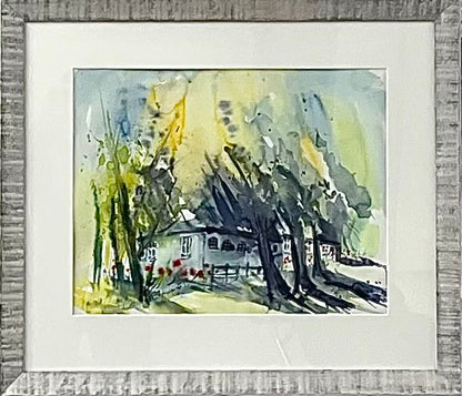 Dreyer, Karin, Friesenhaus unter Bäumen, 36 x 46 cm, Aquarell auf Bütten, 1995
