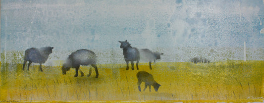 N+T, Nesterova und Tschepets, Fünf&halb Schafe, 14 x 32,5cm, Mischtechnik
