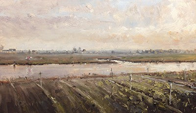 Meinel, Mathias, Gärten an der Dove-Elbe, 40 x 70cm, Öl auf Leinw., 2019
