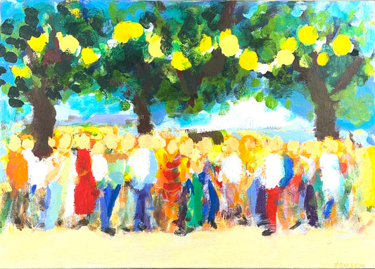 Hansen, Ulrike, Gartengesellschaft II, 50 x 70cm, Eitempera, 2025