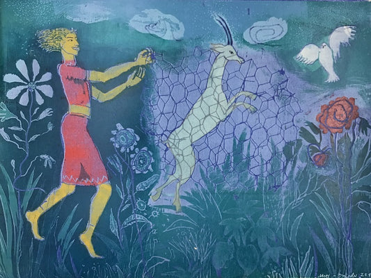 Mott-Dreizler, Gisela, Gazelle im Netz, 48 x 64,5cm, Holzschnitt