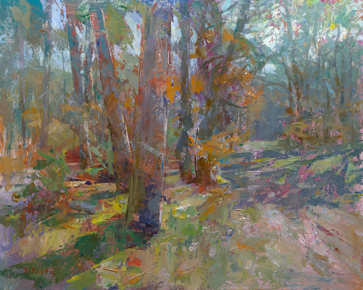 Wirtz, Björn, Gegenlicht mit Kiefern, 40 x 50cm, Ölgemälde