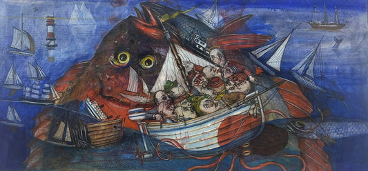 Leiß, Hans-Ruprecht, Genezareth, 26 x 24,5cm, Farbstift, Gouache, Litho, incl. Künstlerrahmen
