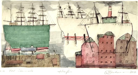 Beckmann, Otto, Hafen, 10 x 20cm, übermalt, Radierung