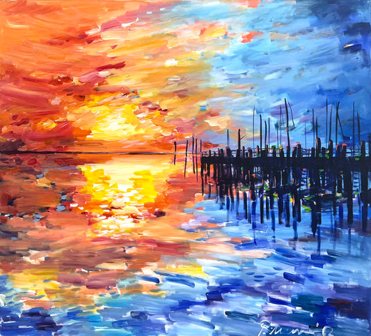 Linnenbrink, Peter, Hafen bei Sonnenaufgang, 110 x 100cm, Öl auf Leinwand