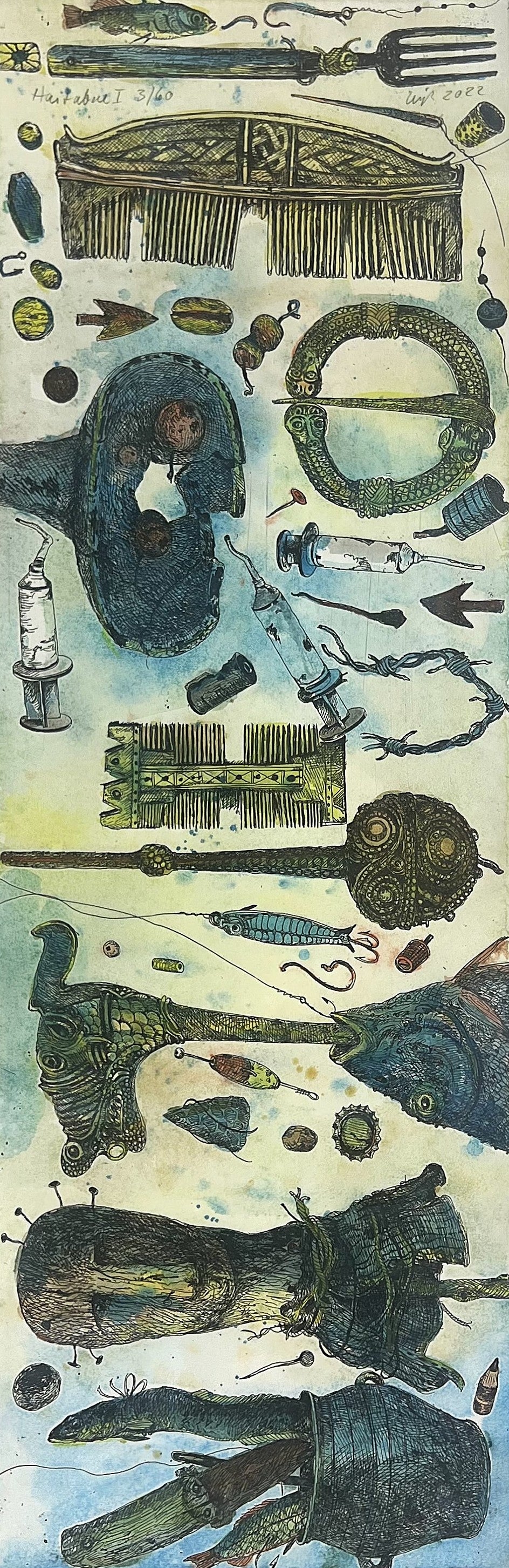 Leiß, Hans-Ruprecht, Haithabu I, 57,5 x 19cm, 3/60, colorierte Radierung, incl. Künstlerrahmen