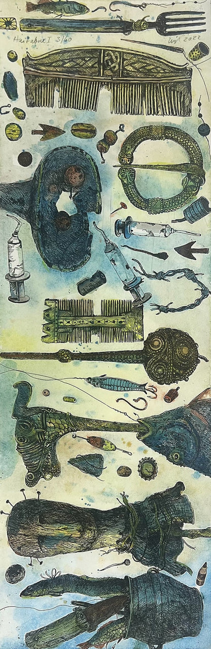 Leiß, Hans-Ruprecht, Haithabu I, 57,5 x 19cm, 3/60, colorierte Radierung, incl. Künstlerrahmen