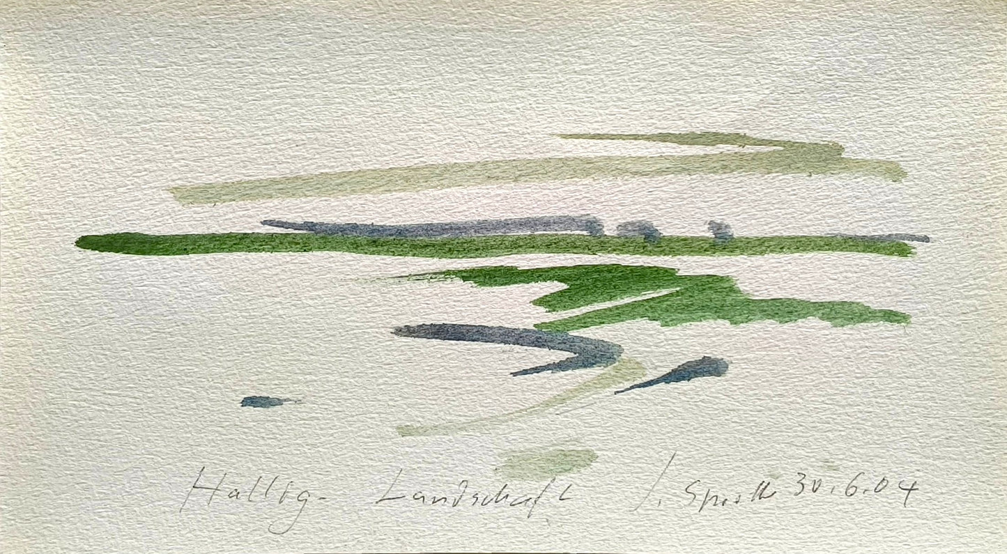 Sprotte, Siegward, Hallig-Landschaft 30.06.04, Aquarell auf Bütten, 13,3 x 23,3 cm