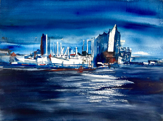 Teuscher, Matthis, Hamburger Hafen mit Elbphilharmonie, 2024, 58 x 76cm, Aquarell
