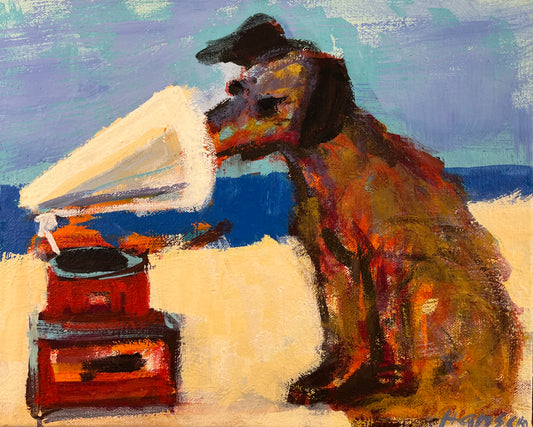 Hansen, Ulrike, Brauner Hund mit Grammophon, 2018, 40x30cm