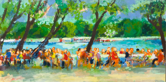 Hansen, Ulrike, Im Biergarten am Wasser, 2024, 80x160cm, Eitempera auf Leinwand