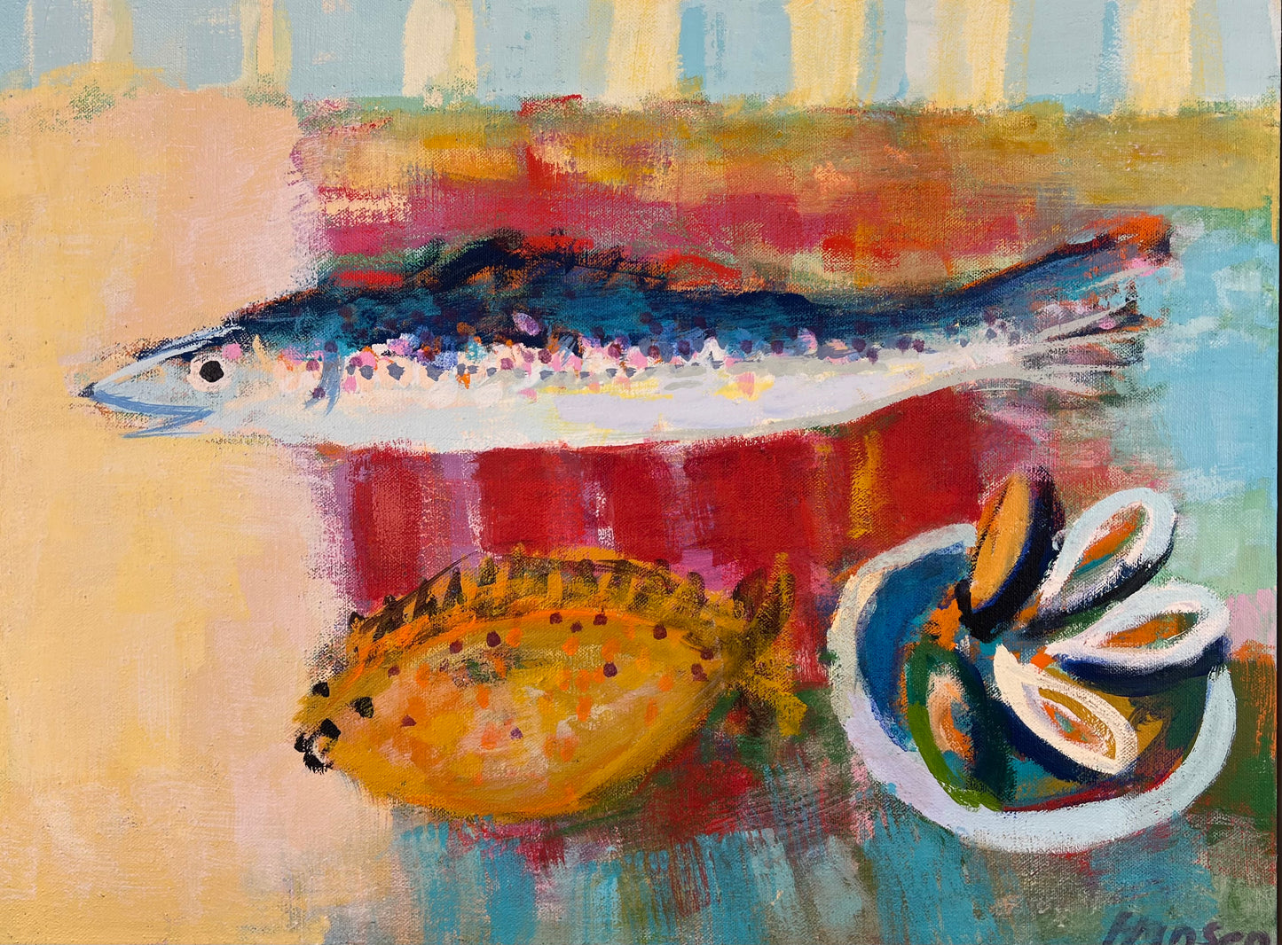 Hansen, Ulrike, Lachs, Flunder, Muscheln, 2019, 60x80cm, Eitempera auf Leinwand