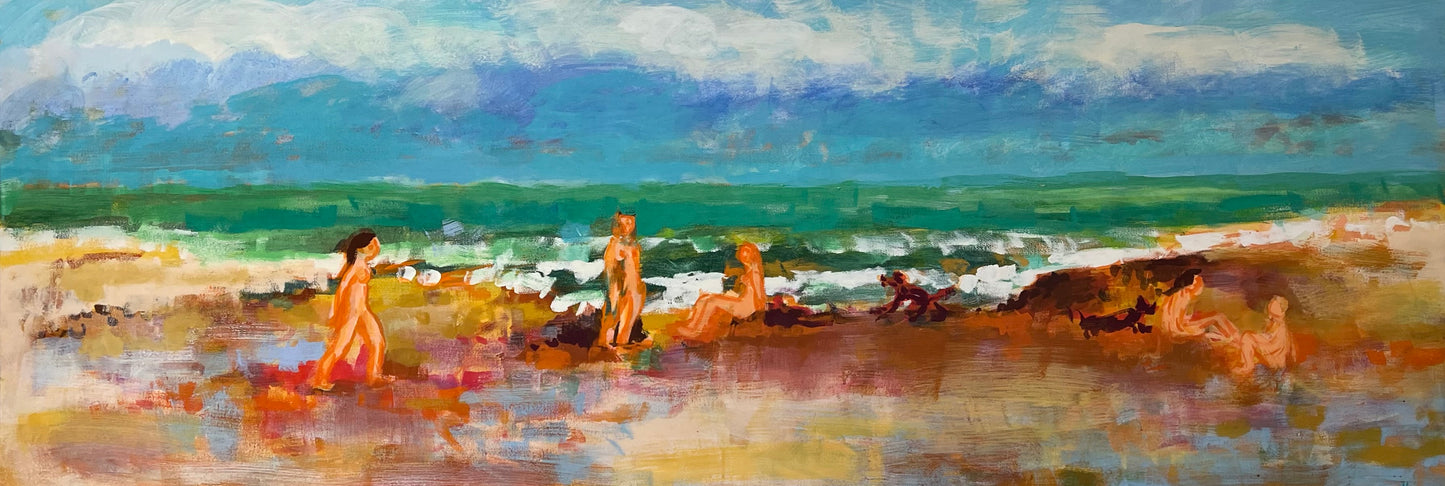 Hansen, Ulrike, Strand mit Hunden, 2014, 70x200cm, Eitempera auf Leinwand